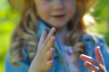 horizontal closeup photo of a ladybug sitting on a child’s hand