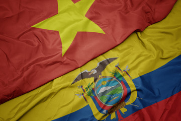 waving colorful flag of ecuador and national flag of .
