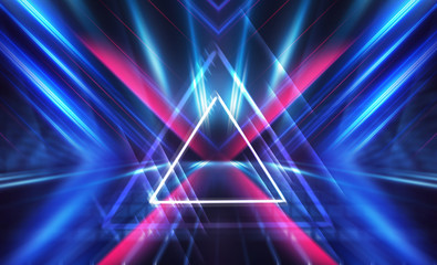 Dark abstract futuristic background. The geometric shape of a triangle in the middle of the scene....
