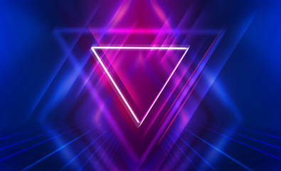 Dark abstract futuristic background. The geometric shape of a triangle in the middle of the scene....