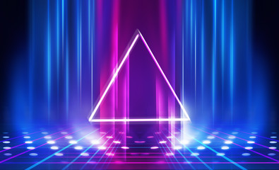 Dark abstract futuristic background. The geometric shape of a triangle in the middle of the scene....