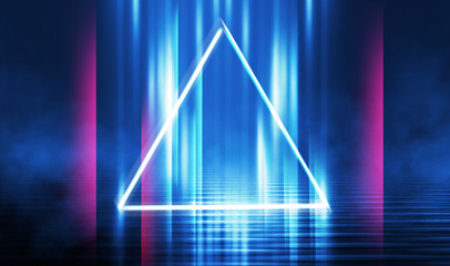 Dark abstract futuristic background. The geometric shape of a triangle in the middle of the scene....