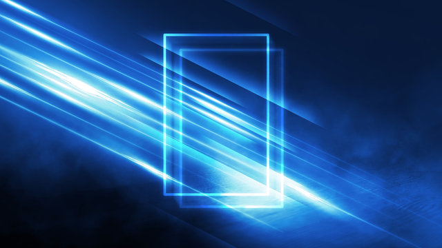 Dark abstract futuristic background. The geometric shape of the rectangle in the middle of the scene. Neon blue-pink rays of light on a dark background