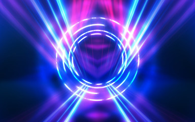Dark abstract futuristic background. The geometric shape of a circle in the middle of the scene. Neon blue-pink rays of light on a dark background