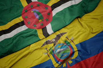 waving colorful flag of ecuador and national flag of dominica.
