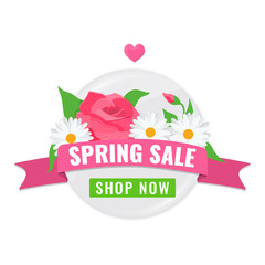 Circle pink banner for spring sale with chamomile, rose and green leaves. Advertising tag with blooming flowers and rosebud. Vector stock image