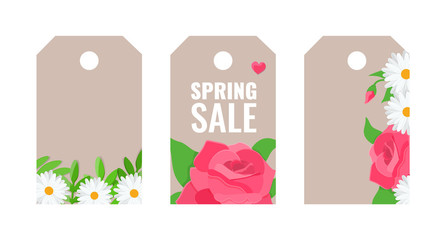 Gift tags with blooming flowers, rose and chamomile. Spring sale concept. Vector stock image