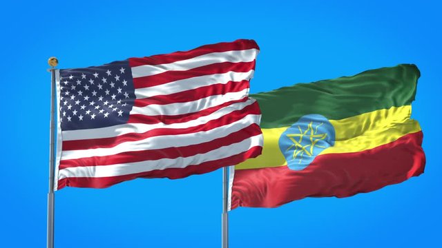 Ethiopia and United States flag waving in deep blue sky together. High Definition 3D Render.