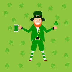 Image of the Saint Patrick character in a flat style, comic, cartoon, with clover and green beer. Illustration for advertising, promotions.