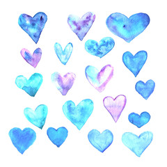 Set of blue watercolor hearts. Perfect for creating romantic postcards, backgrounds and Valentines Day decor. Hand drawn