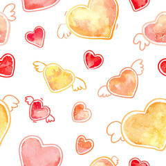 Hearts pattern. Watercolor Valentine's Day vector seamless background