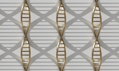 Golden Metal Dna models with shadow line up on white background. Science and technology concept. 3d rendering - illustration.