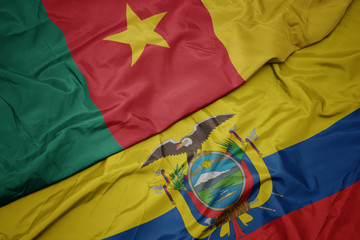 waving colorful flag of ecuador and national flag of cameroon.