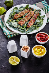 Skewers kabob of lamb meat, vertical orientation