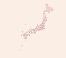 Japan political map highlighted provinces. Vintage pink shade background vector. Perfect for business concepts, backgrounds, backdrop, banner, poster, sticker, label and wallpapers.