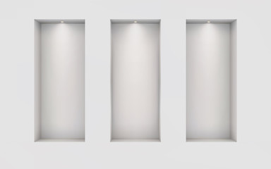 Three illuminated niches on a white wall. Place for an exhibition. Top view mockup template for design. Light effect on a separate layer. Vector. Eps10.