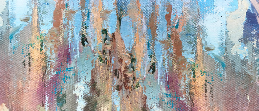 Abstract oil paint in impressionism style. Oil Painting texture with smears. Horizontal banner. Fragment of artwork on canvas . Brushstrokes of paint. Modern art. Colorful background. Blue, brown © Lyu