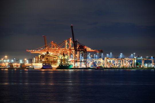 International cargo ship with containers cargo illumination and gantry cranes at port