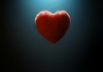 a fluffy red heart soaring in the air in the center of the frame, on a blue background armed with black vignette and bright light from above, Valentine's Day,