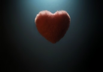 fluffy red heart, on a wooden stick in the center of the frame, on a blue background, armed with black vignette and bright light from above, Valentine's Day