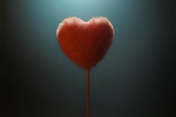 a fluffy red heart soaring in the air in the center of the frame, on a blue background armed with black vignette and bright light from above, Valentine's Day,