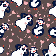 Vector illustration. Seamless vector pattern with cute cartoon penguins.A pair of young penguins in love with glasses in their hands and headphones on springs are standing and smiling.Trend flat