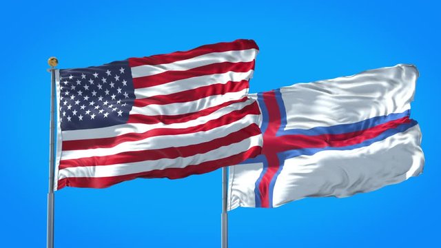 Faroe Islands and United States flag waving in deep blue sky together. High Definition 3D Render.