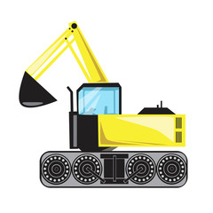 A shovel excavator with bucket isolated on a white background for design, a flat single vector stock illustration with yellow heavy machine construction
