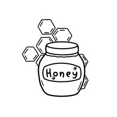 Glass jar with honey on a background of bee honeycombs. Monochrome illustration of a round jar with a honey sticker on a white background. Isolated object for print, postcard and coloring.