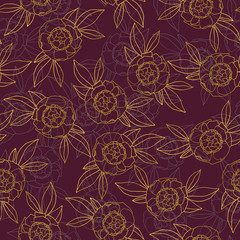 Golden pions and leaves pattern on burgundy. Seamless digital paper