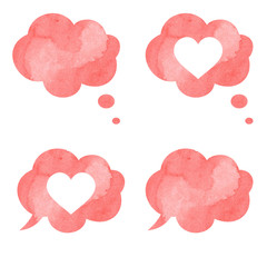 Red Watercolor hand drawn speech bubbles with heart and empty on white background