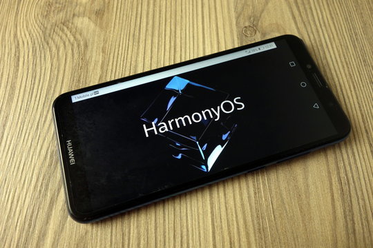 KONSKIE, POLAND - November 11, 2019: Harmony OS Operating System Logo On Mobile Phone