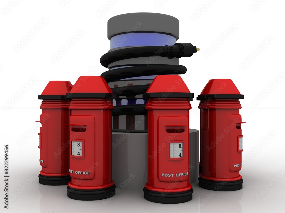 Poster 3d rendering aux cable connected database with letter box