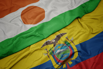 waving colorful flag of ecuador and national flag of niger.