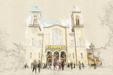 Sketch of main christian orthodox Metropolitan Cathedral of whole Greece in Athens