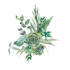 Watercolor green bouquet. Hand painted botanical illustration with eucalyptus leaves, succulents, fern branches isolated on white background. Floral artwork