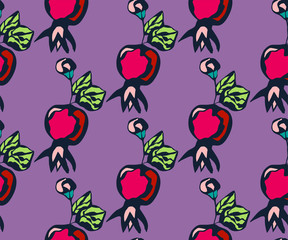 Seamless floral pattern with pomegranate and flowers. Ornamental decorative background. Vector pattern. Print for textile, cloth, wallpaper, scrapbooking
