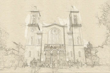 Sketch of main christian orthodox Metropolitan Cathedral of whole Greece in Athens