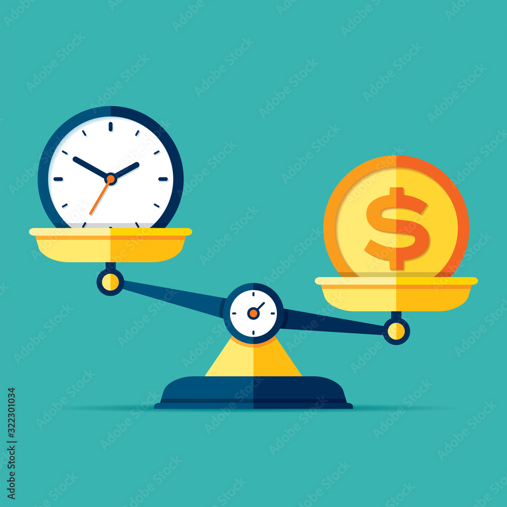 Poster time is money. scales icon in flat style. libra symbol, balance sign. time management. dollar and cl