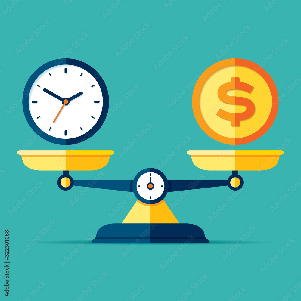 Poster time is money. scales icon in flat style. libra symbol, balance sign. time management. dollar and cl