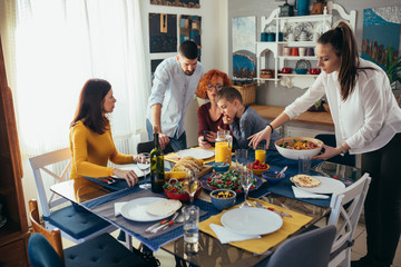 family dinner party at home. vegetarian dinner. vegan food concept