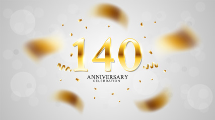 140th anniversary celebration with gold color and white background bokeh effects and sparkling confetti. modern elegant design can be used for a wedding or company. editable vector EPS 10