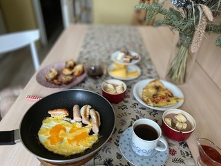 homemade breakfast in a pan in the kitchen