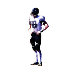 American football player standing with hands on hips, isolated low polygonal vector illustration