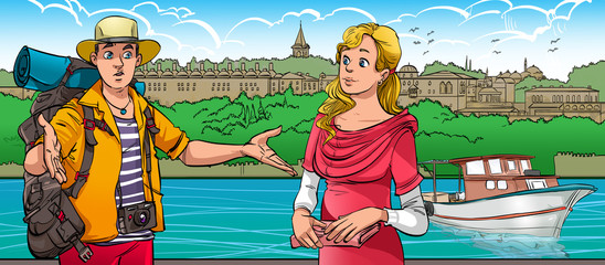 A tourist asks a lady for help to get directions.