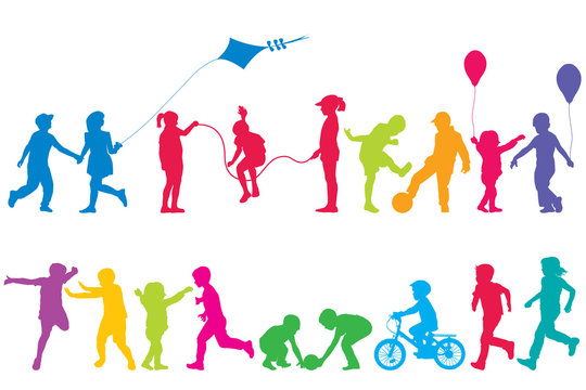 Two sets of colored silhouettes of children playing