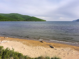 Beach and hills in summer in Russia