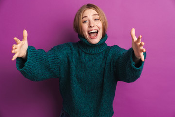 Optimistic young woman give you a hugs.