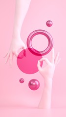 Abstract pastel pink 3d rendering scene with hand gesture ok, fabric and spheres. Tie vertical banner template, space for text. Trendy surreal composition.