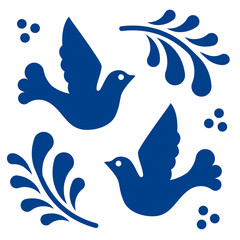 Mexican talavera tile pattern with birds. Ornament in traditional style from Puebla in classic blue and white. Floral ceramic composition with flower, dot and leaves. Folk art design from Mexico.